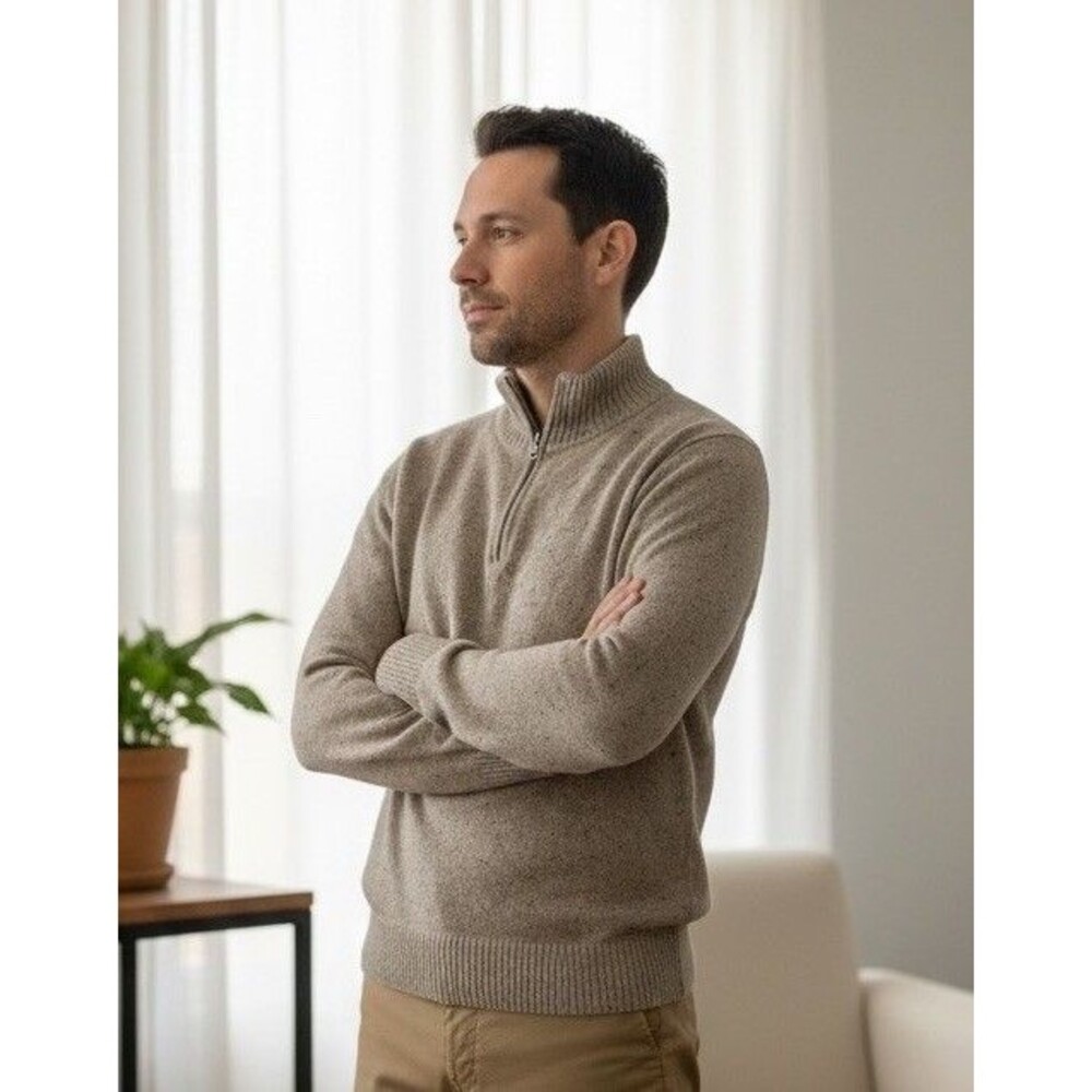 JCrew Mens L Merino Wool Blend Donegal Fleck Half Zip Sweater Beige Brown J7612